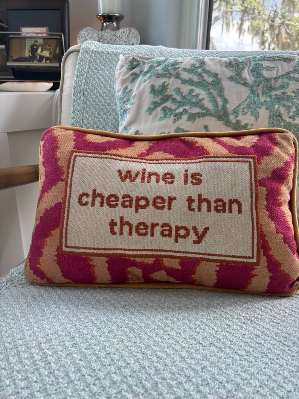 Decorative 'Wine Is Cheaper Than Therapy' Accent Pillow - Pink & Tan needlepoint